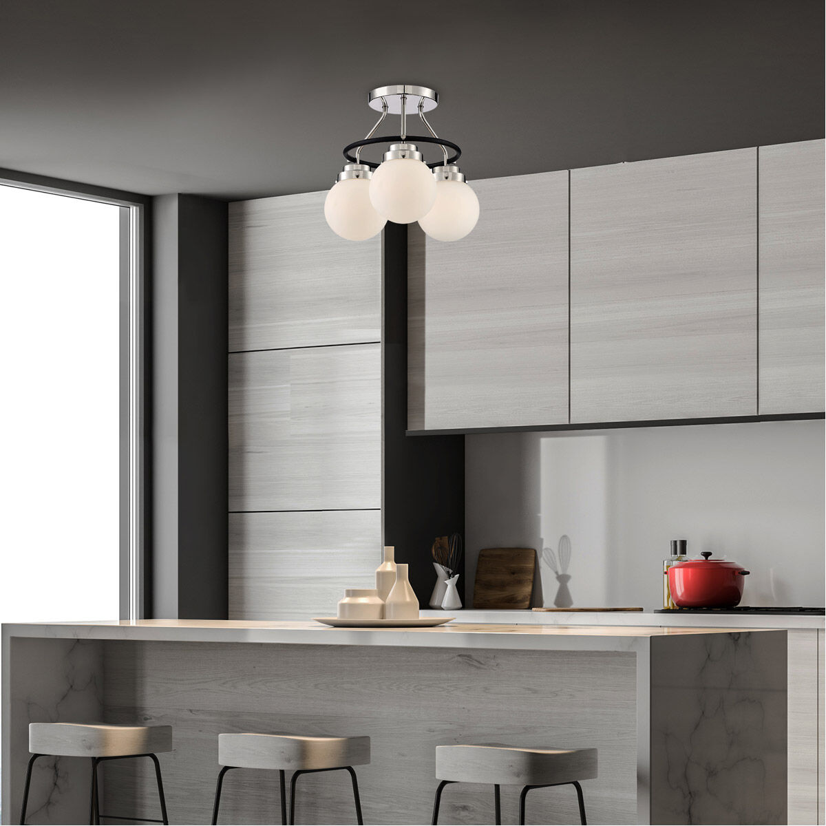 Elle 3 Light 14 inch Polished Nickel Semi-Flush Ceiling Light